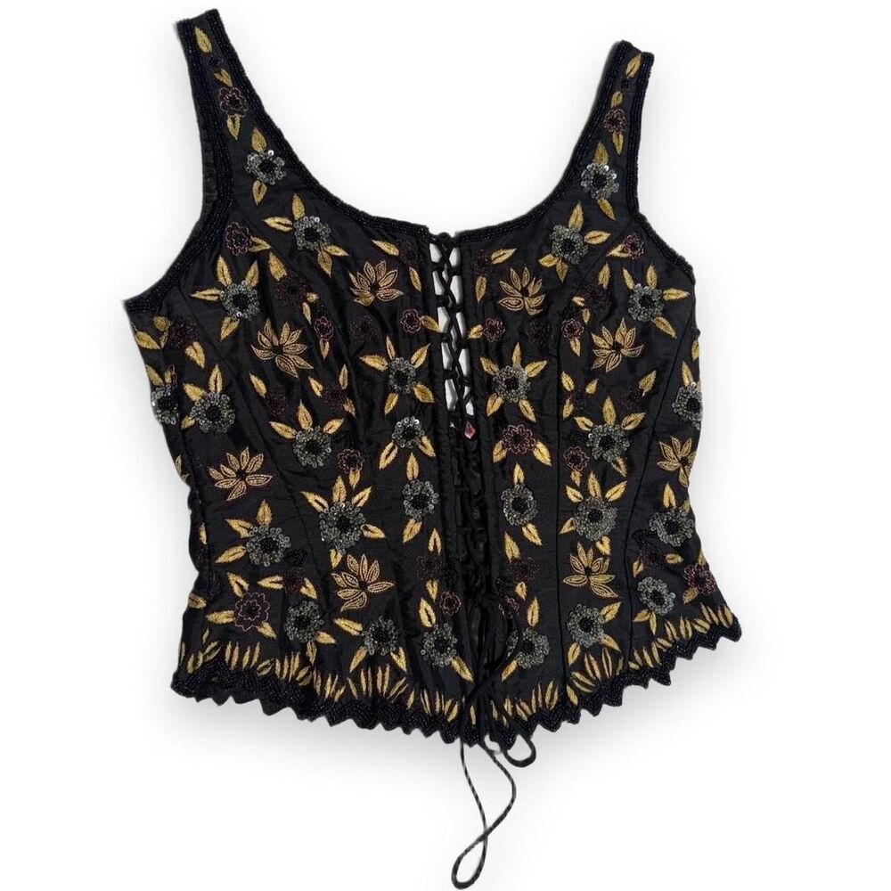 Vintage Aftershock black 100% silk floral beaded top with corset front. Size L.